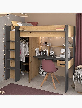 Lit mezzanine avec armoire et bureau