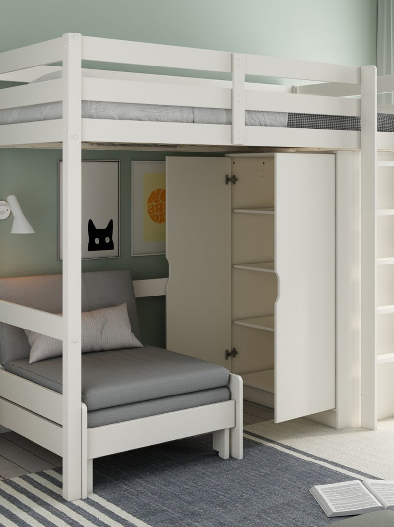 Lit mezzanine avec armoire et chauffeuse pin massif  ARTHUR Blanc - Kiabi