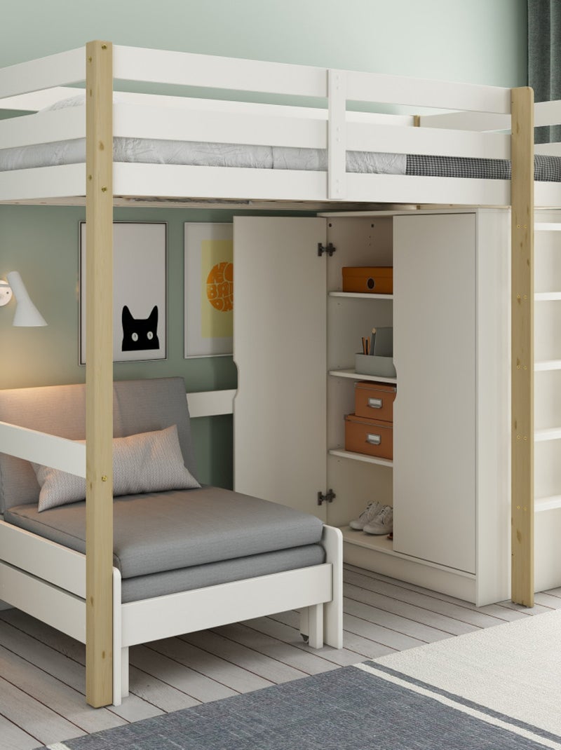 Lit mezzanine avec armoire et fauteuil convertible ARTHUR Blanc/Bois - Kiabi