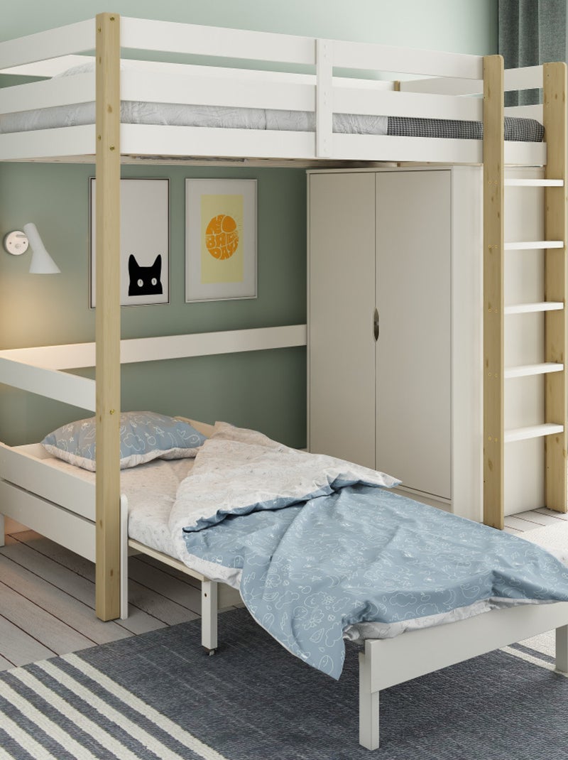 Lit mezzanine avec armoire et fauteuil convertible ARTHUR Blanc/Bois - Kiabi