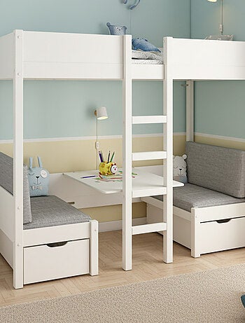 Lit mezzanine avec banquette lit d'appoint pin massif LEOPOLD