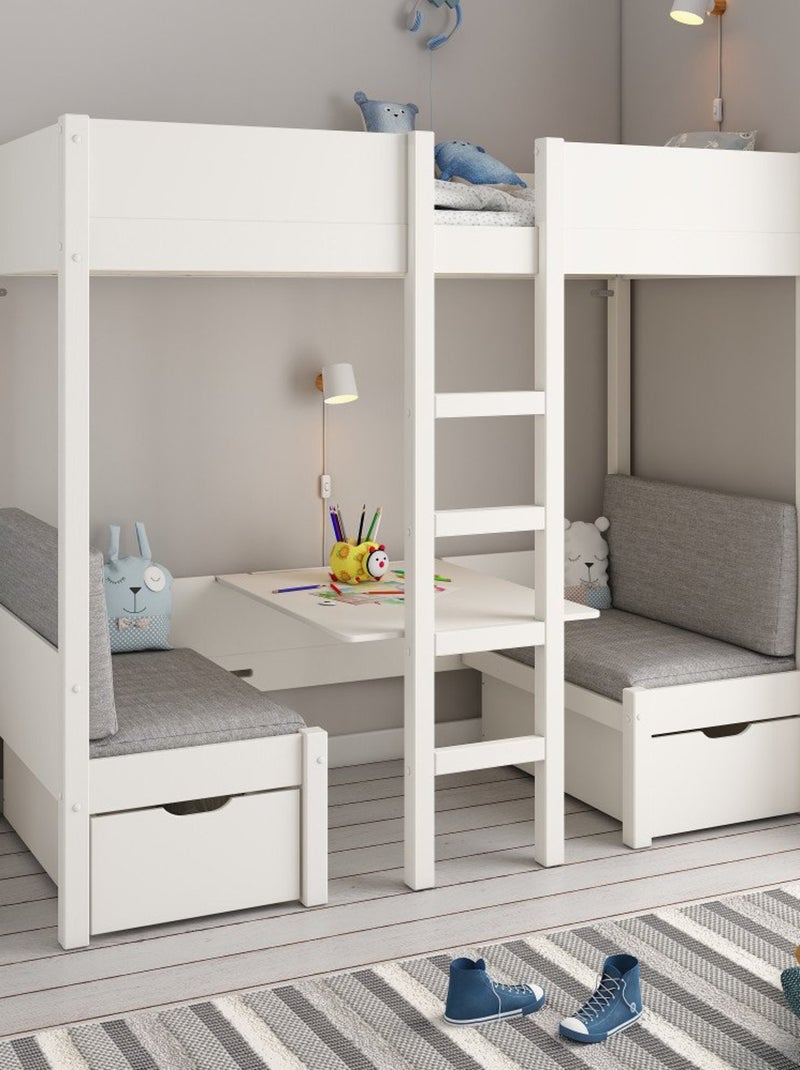 Lit mezzanine avec banquette lit d'appoint pin massif  LEOPOLD Blanc - Kiabi
