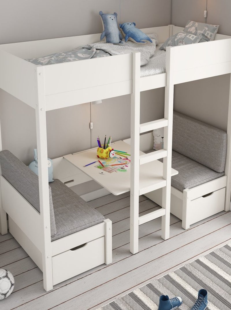 Lit mezzanine avec banquette lit d'appoint pin massif  LEOPOLD Blanc - Kiabi