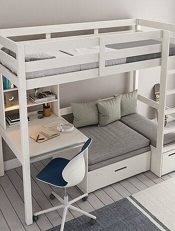 Lit mezzanine avec bureau et chauffeuse pin massif ARTHUR