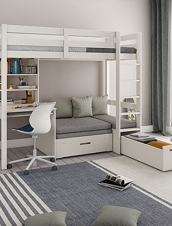 Lit mezzanine avec bureau et chauffeuse pin massif ARTHUR