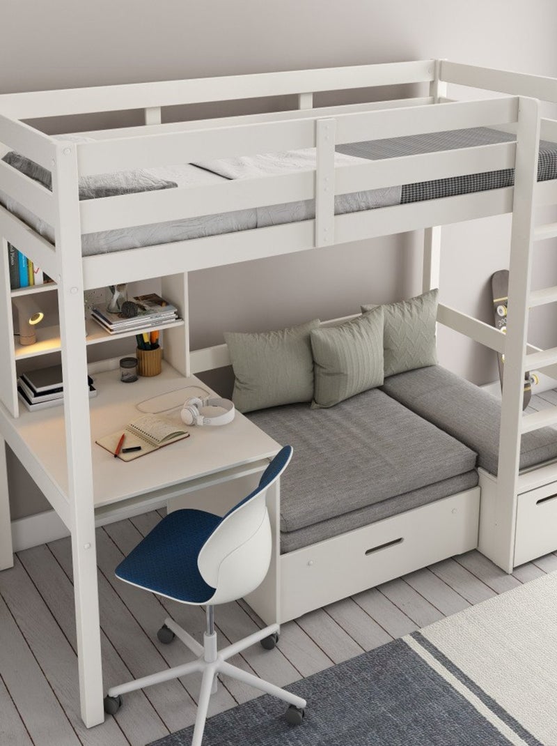 Lit mezzanine avec bureau et chauffeuse pin massif  ARTHUR Blanc - Kiabi