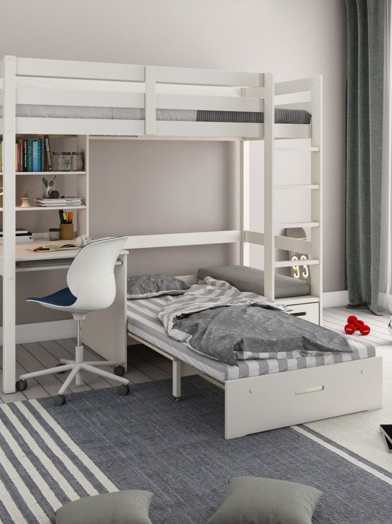Lit mezzanine avec bureau et chauffeuse pin massif  ARTHUR Blanc - Kiabi