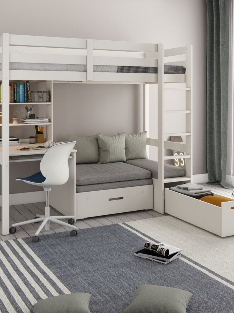 Lit mezzanine avec bureau et chauffeuse pin massif  ARTHUR Blanc - Kiabi