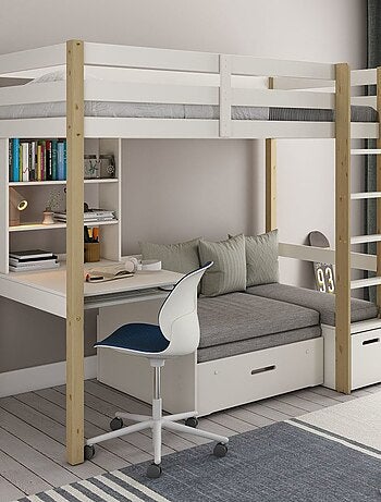 Lit mezzanine avec bureau et chauffeuse pin massif ARTHUR