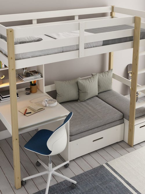 Lit mezzanine avec bureau et chauffeuse pin massif   ARTHUR - Kiabi