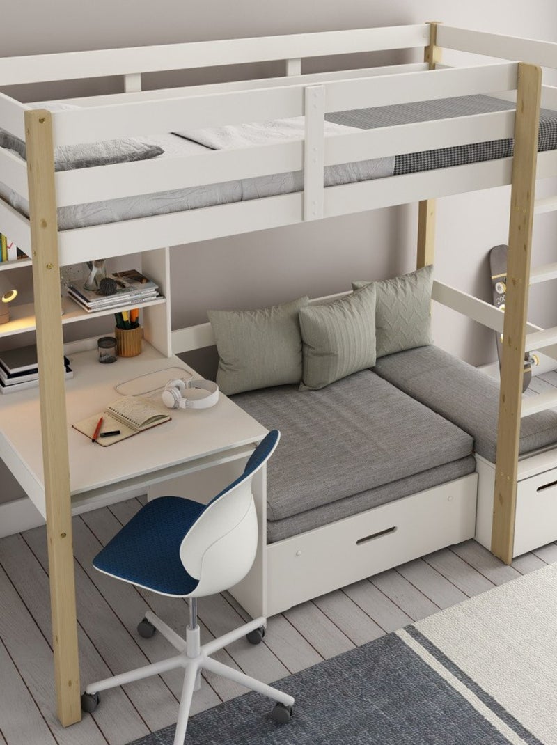 Lit mezzanine avec bureau et chauffeuse pin massif   ARTHUR Blanc/Bois - Kiabi