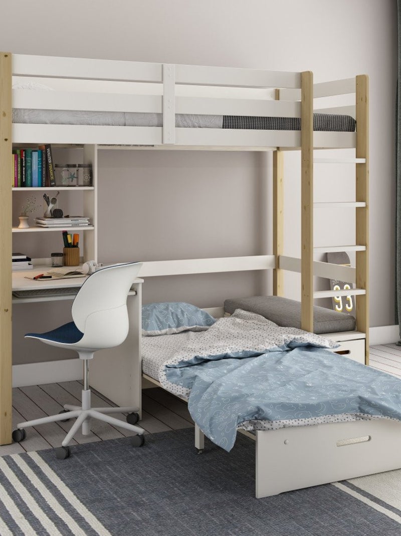 Lit mezzanine avec bureau et chauffeuse pin massif   ARTHUR Blanc/Bois - Kiabi