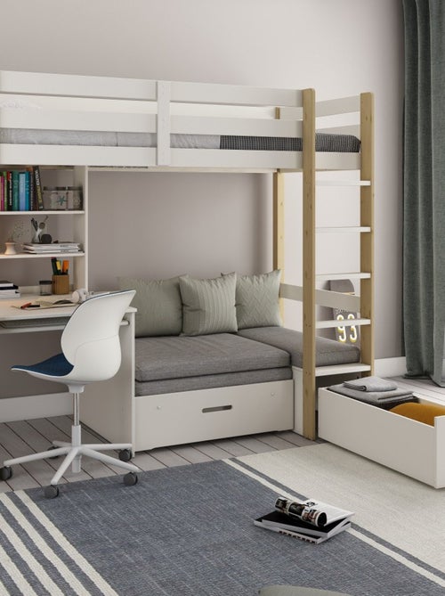 Lit mezzanine avec bureau et chauffeuse pin massif   ARTHUR - Kiabi