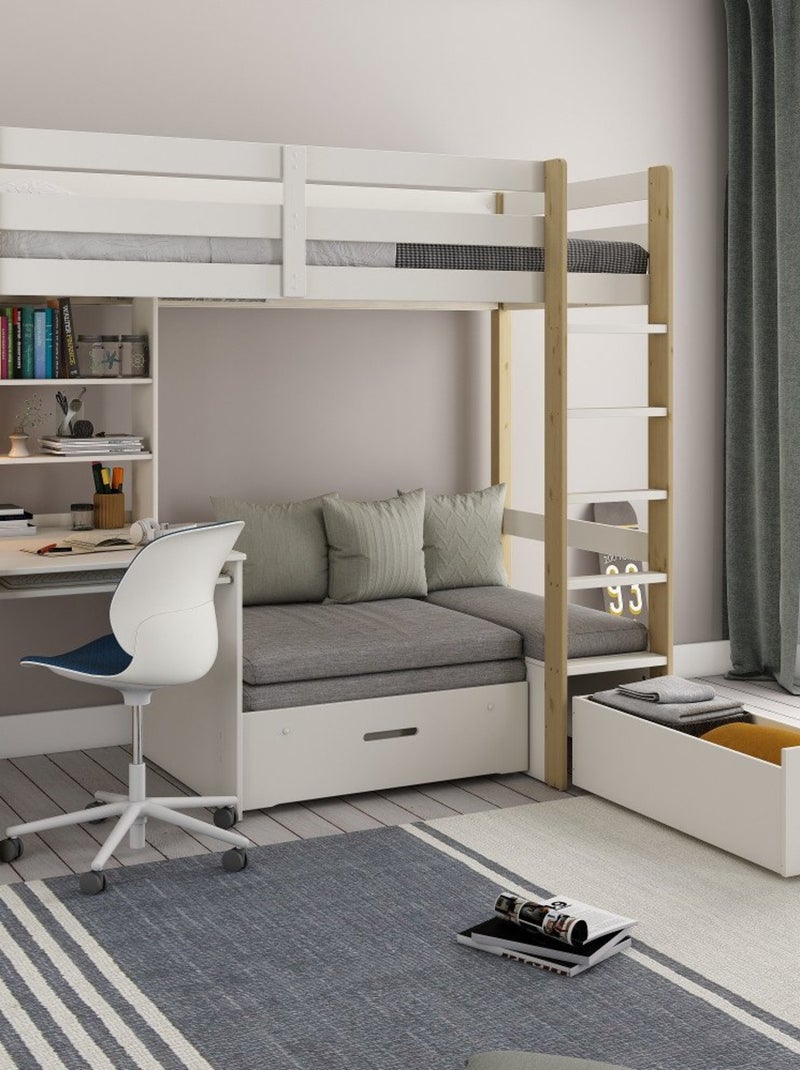 Lit mezzanine avec bureau et chauffeuse pin massif   ARTHUR Blanc/Bois - Kiabi
