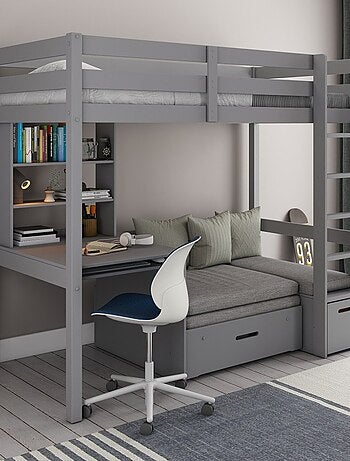 Lit mezzanine avec bureau et chauffeuse pin massif ARTHUR
