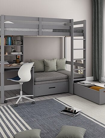 Lit mezzanine avec bureau et chauffeuse pin massif ARTHUR