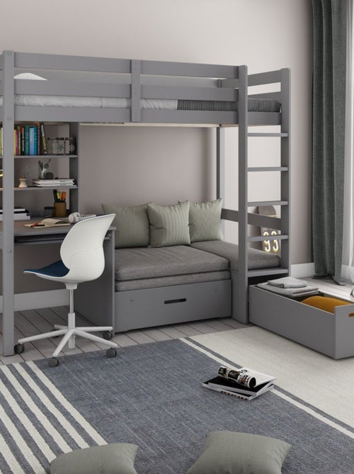 Lit mezzanine avec bureau et chauffeuse pin massif   ARTHUR - Kiabi