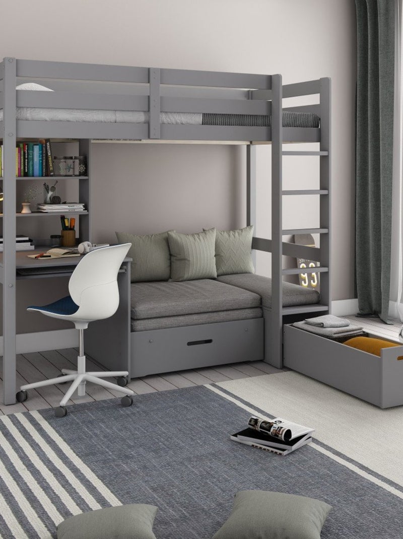 Lit mezzanine avec bureau et chauffeuse pin massif   ARTHUR Gris - Kiabi