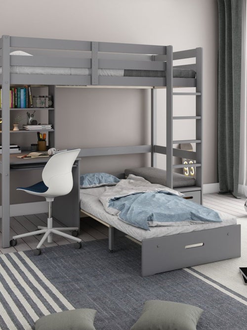 Lit mezzanine avec bureau et chauffeuse pin massif   ARTHUR - Kiabi