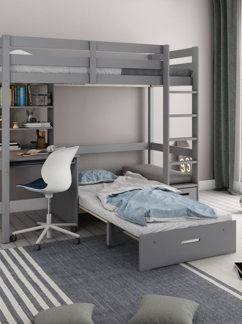 Lit mezzanine avec bureau et chauffeuse pin massif   ARTHUR Gris - Kiabi