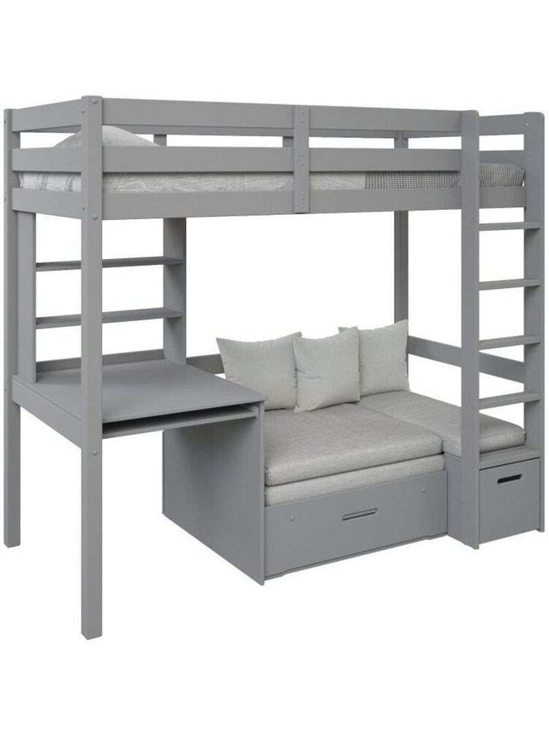 Lit mezzanine avec bureau et chauffeuse pin massif   ARTHUR Gris - Kiabi