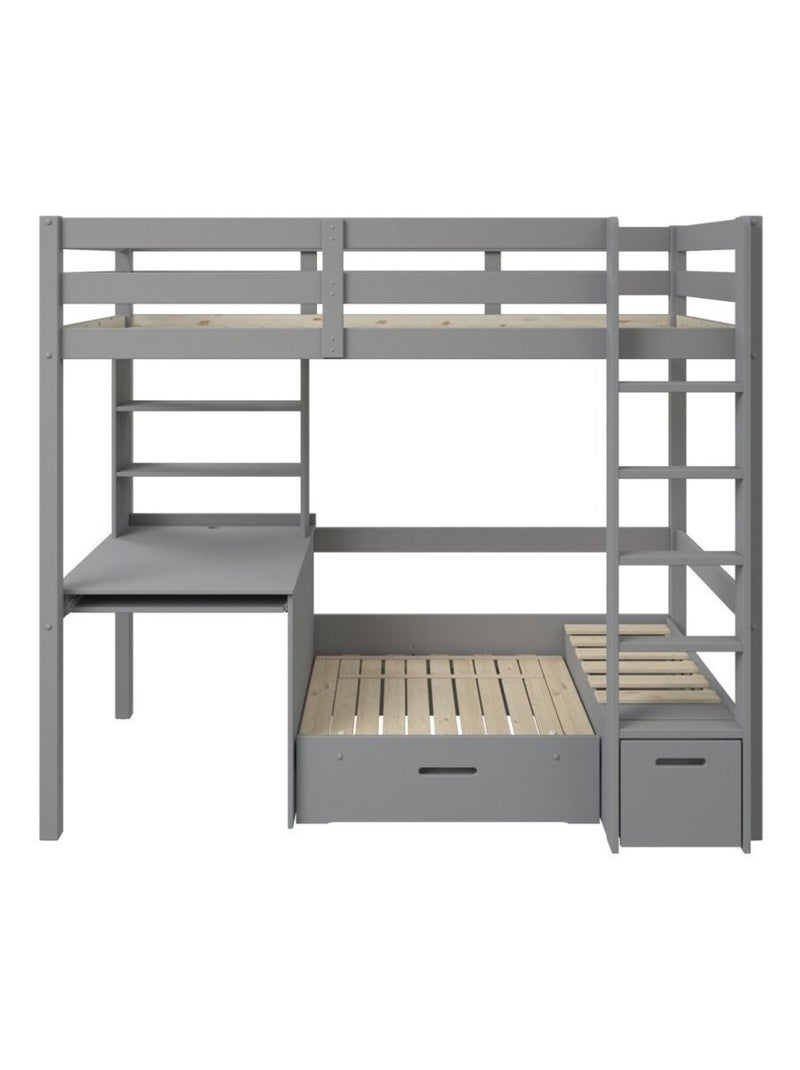 Lit mezzanine avec bureau et chauffeuse pin massif   ARTHUR Gris - Kiabi