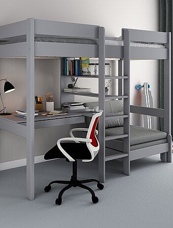 Lit mezzanine avec bureau et chauffeuse pin massif BASILE