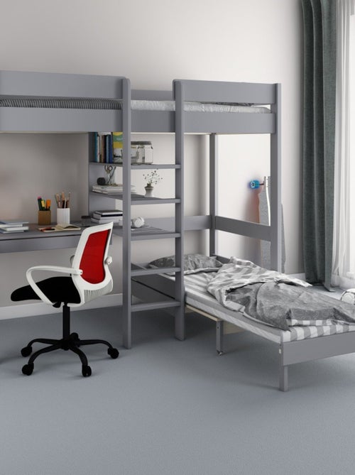 Lit mezzanine avec bureau et chauffeuse pin massif   BASILE - Kiabi