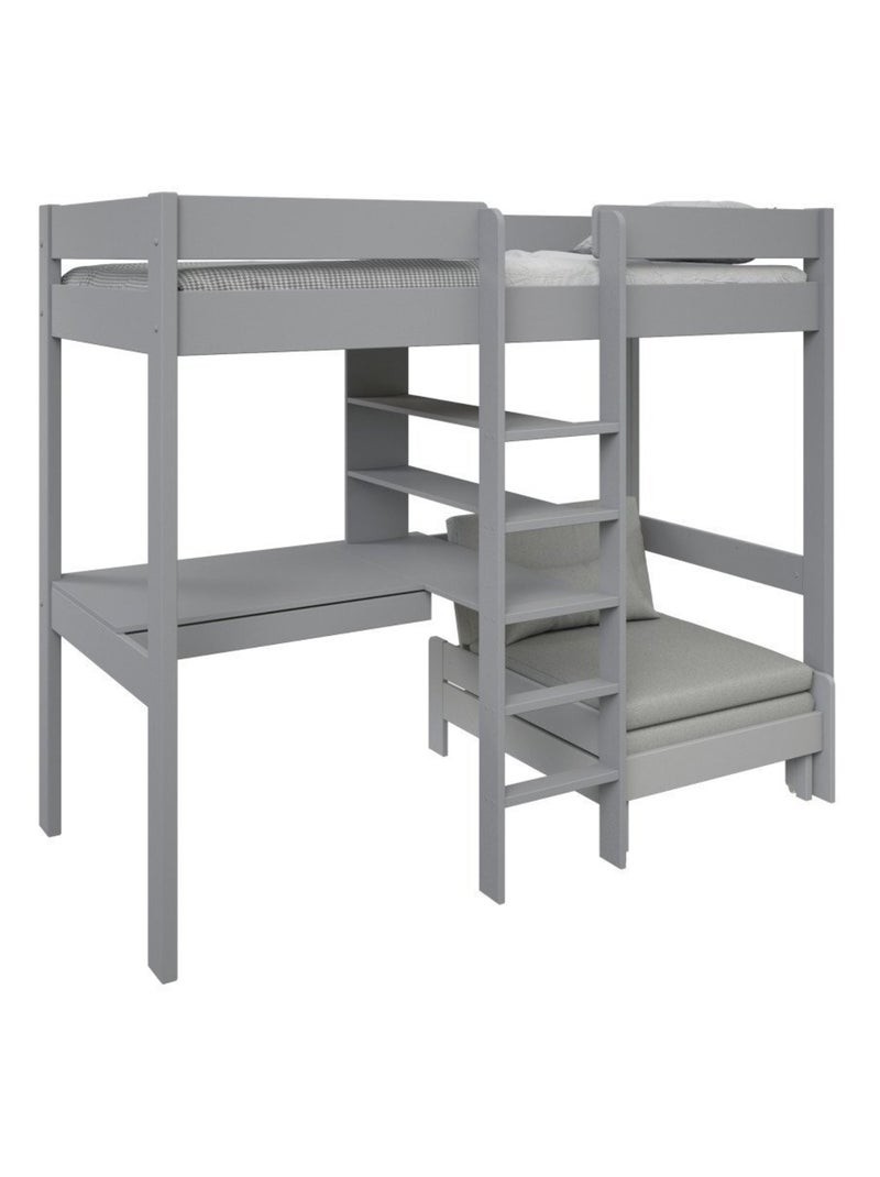 Lit mezzanine avec bureau et chauffeuse pin massif   BASILE Gris - Kiabi