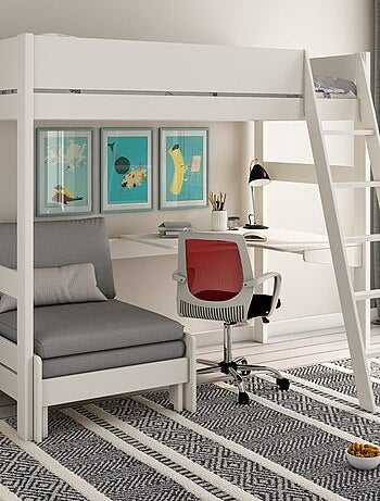 Lit mezzanine avec bureau et chauffeuse pin massif COLETTE