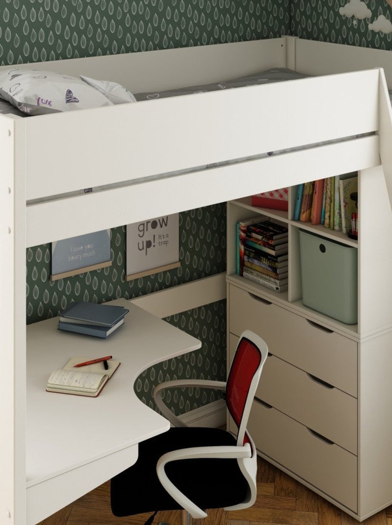 Lit mezzanine avec bureau et rangements pin massif  COLETTE Blanc - Kiabi