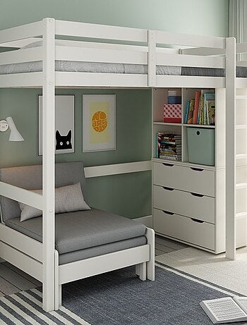 Lit mezzanine avec rangements et chauffeuse pin massif ARTHUR
