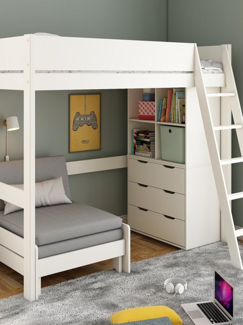 Lit mezzanine avec rangements et chauffeuse pin massif  COLETTE - Kiabi