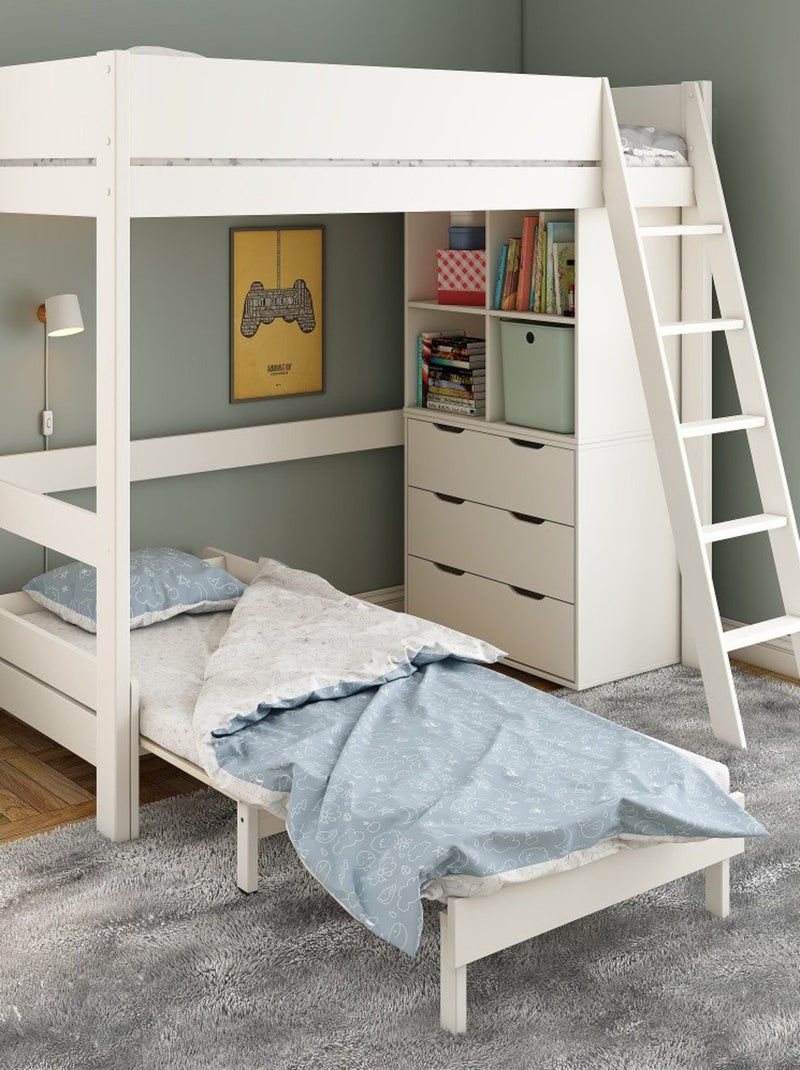 Lit mezzanine avec rangements et chauffeuse pin massif  COLETTE Blanc - Kiabi