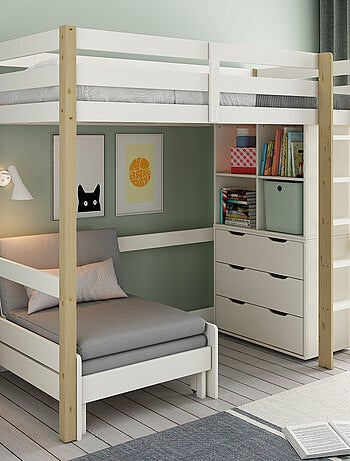 Lit mezzanine avec rangements et chauffeuse pin massif ARTHUR