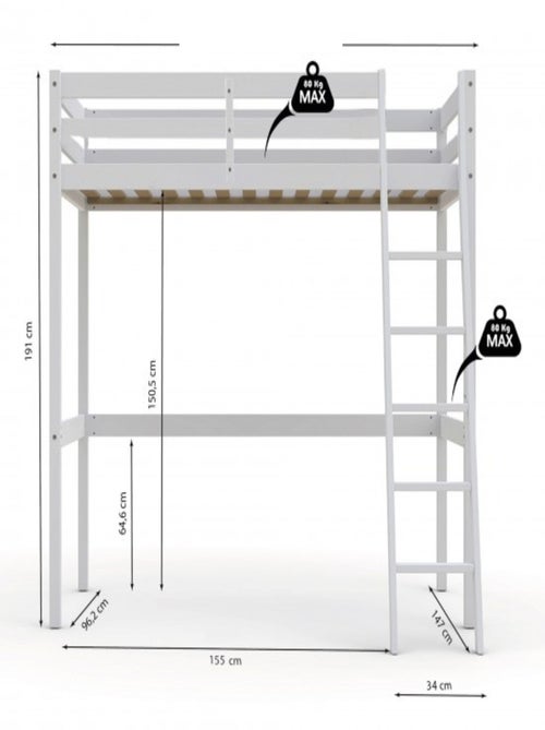 Lit mezzanine en bois massif - Kiabi
