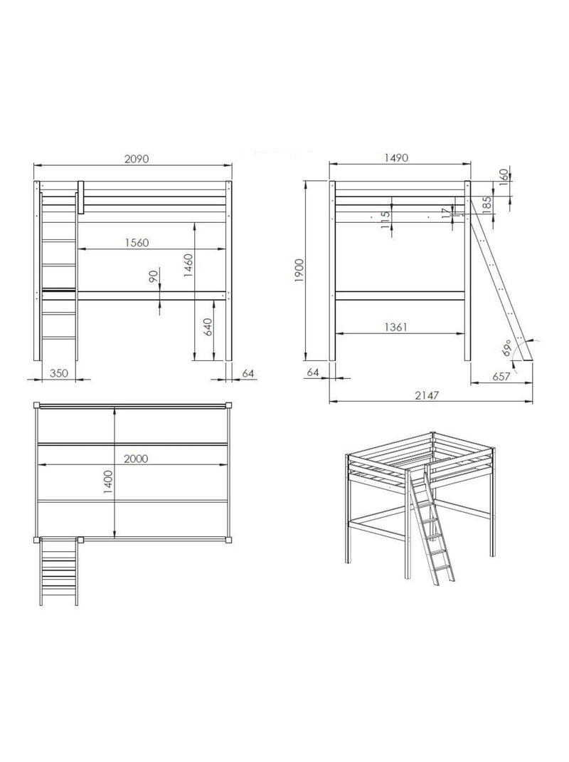Lit mezzanine en bois massif Gris - Kiabi