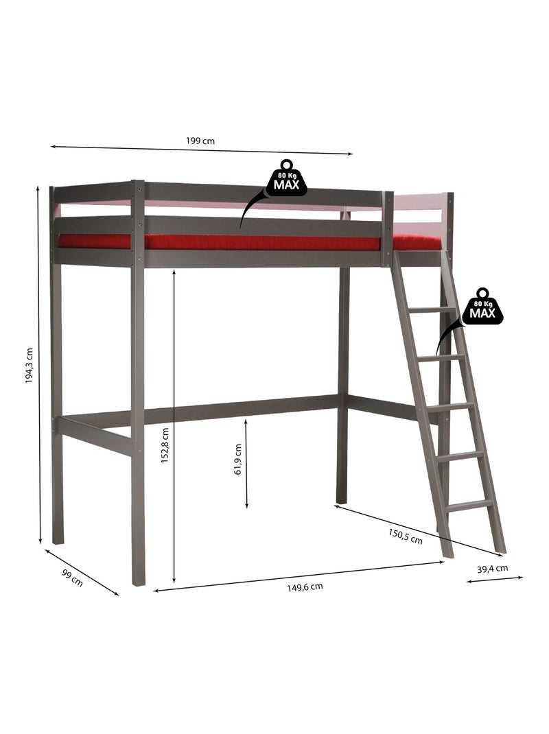 Lit mezzanine en bois massif Gris - Kiabi