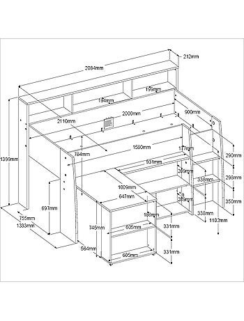 Lit mezzanine enfant bois avec bureau escamotable et rangements