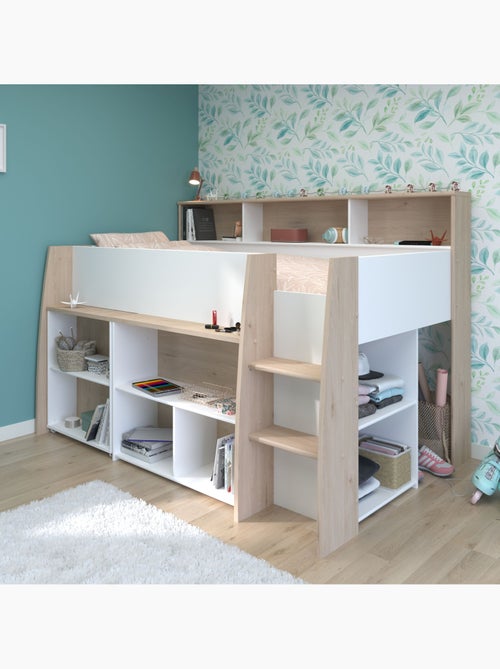 Lit mezzanine enfant bois avec bureau escamotable et rangements - Kiabi