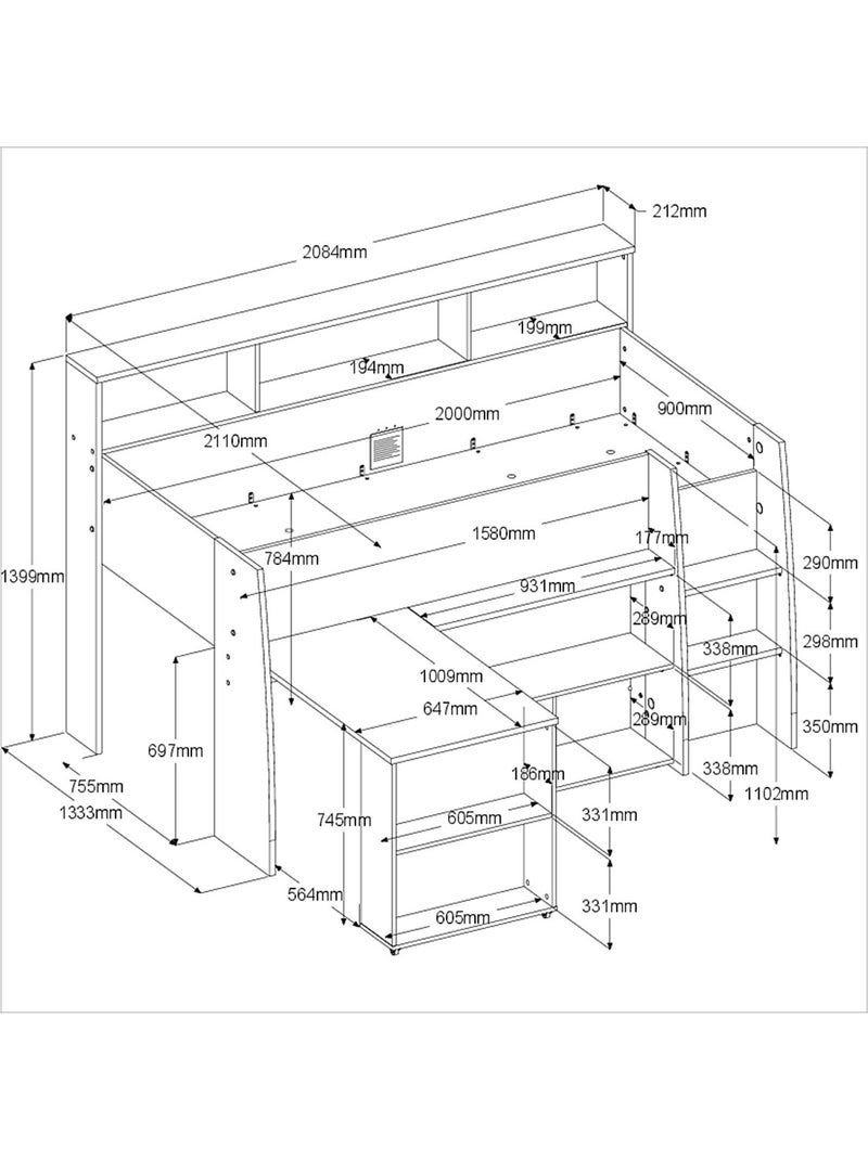 Lit mezzanine enfant bois avec bureau escamotable et rangements Blanc - Kiabi