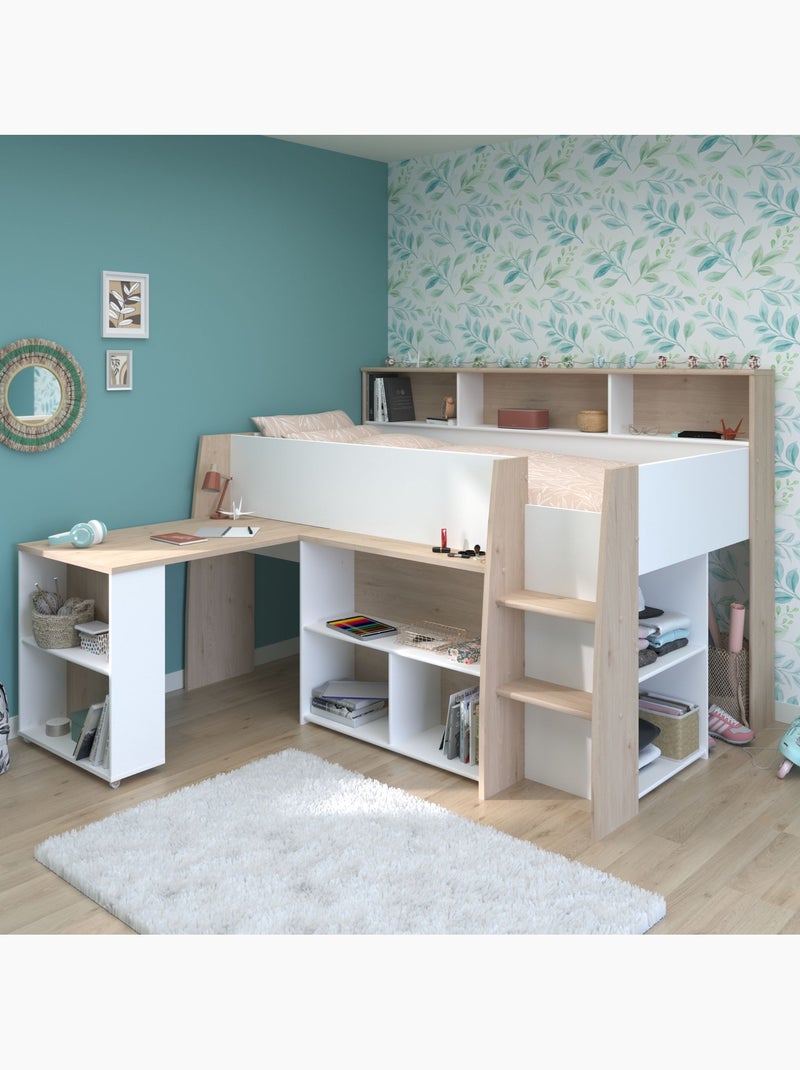 Lit mezzanine enfant bois avec bureau escamotable et rangements Blanc - Kiabi