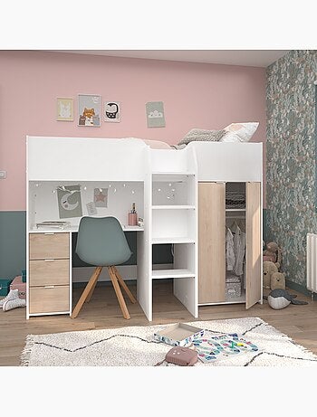 Lit mezzanine enfant en bois avec bureau et rangements