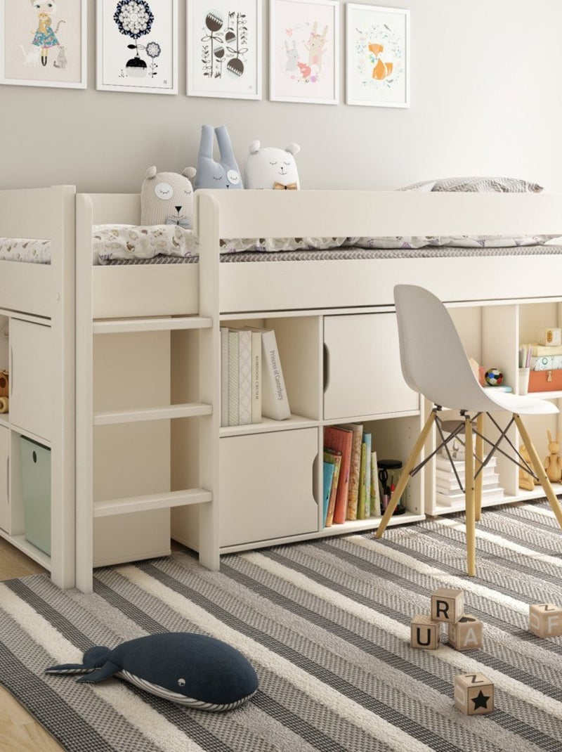 Lit mi-hauteur avec bureau et rangements pin massif  ARTHUR Blanc - Kiabi
