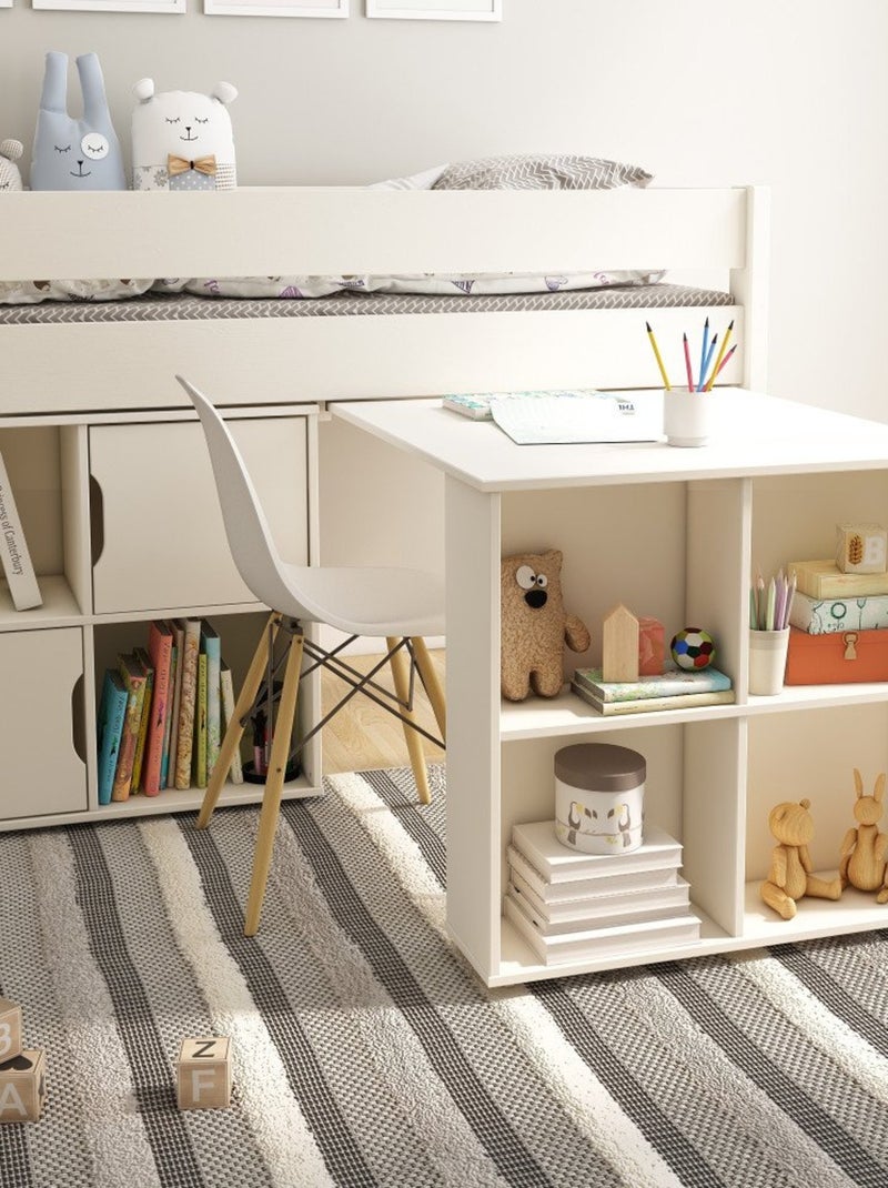 Lit mi-hauteur avec bureau et rangements pin massif  ARTHUR Blanc - Kiabi