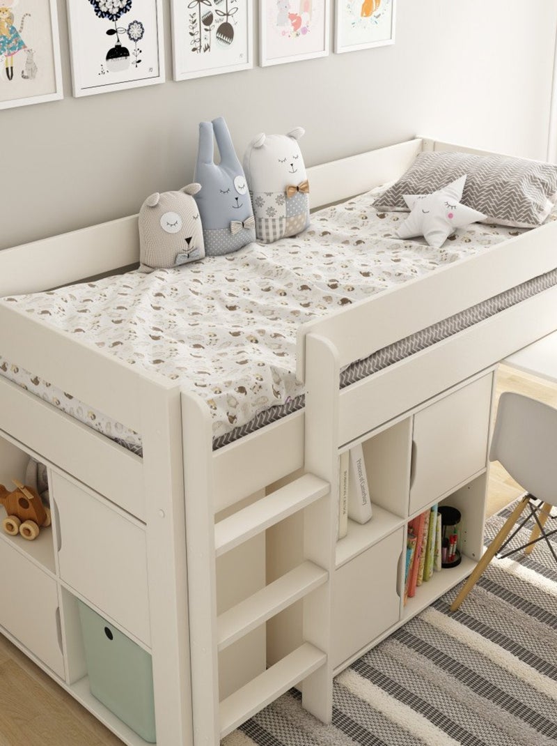 Lit mi-hauteur avec bureau et rangements pin massif  ARTHUR Blanc - Kiabi