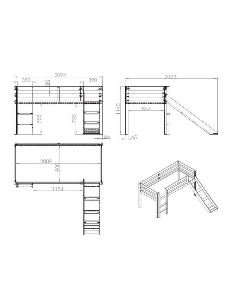 Lit mi hauteur avec toboggan en bois massif Gris - Kiabi