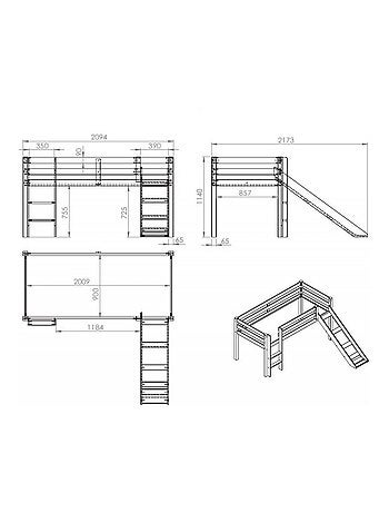 Lit mi-hauteur avec toboggan en pin massif naturel ARMANCE & FAUSTIN