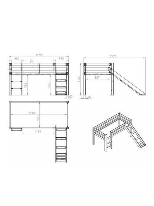 Lit mi-hauteur avec toboggan en pin massif naturel  ARMANCE & FAUSTIN - Kiabi