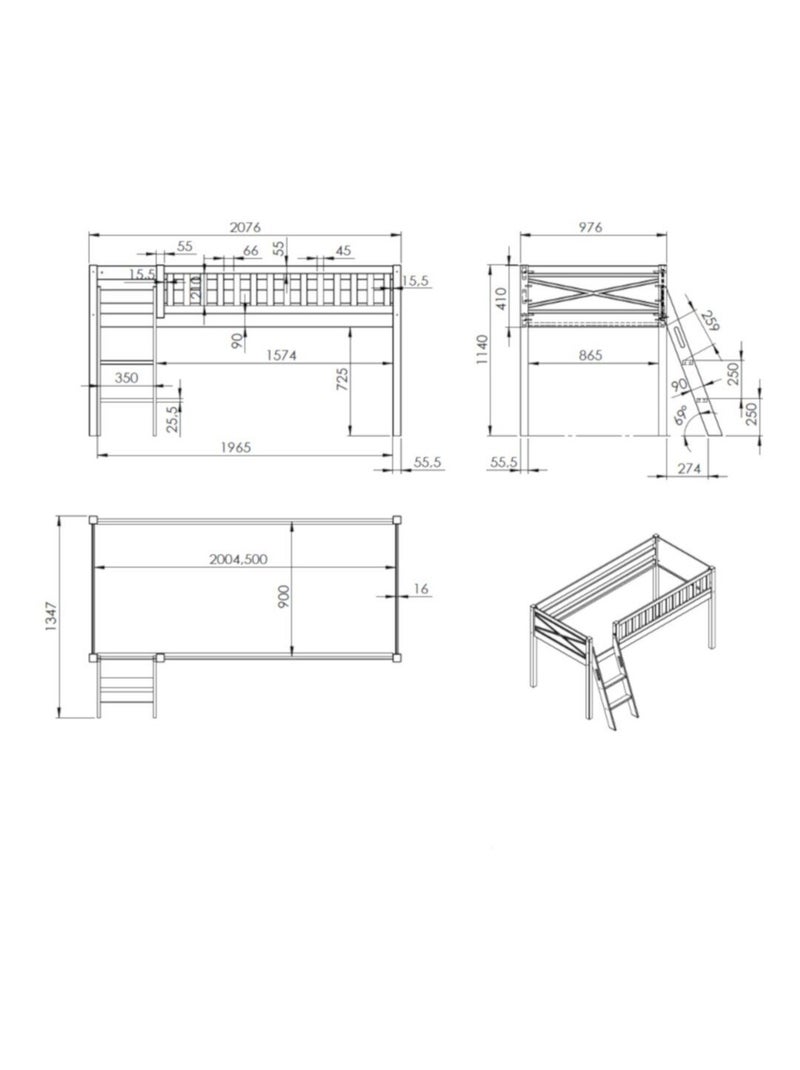 Lit mi-hauteur en pin massif et imitation bois  AXEL Blanc - Kiabi